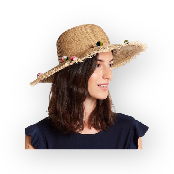 new ✶ Pom Pom Embellished ✶ Raffia Straw Wide Brim Sun Hat ✶ Resort Cruise Chic - Picture 14 of 16